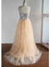 Silver Sequin Champagne Tulle Beaded Long Prom Dress